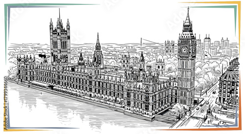 london houses of parliament big ben an intricate hand-drawn sketch of the iconic british landmark by the river thames.