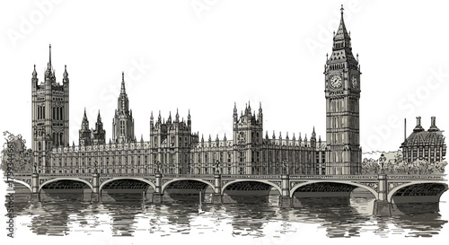 london houses of parliament and big ben on river thames iconic english landmark illustration for travel and history.