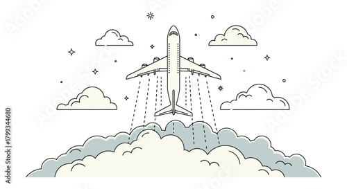 minimal line art airplane ascending above clouds symbolizing air travel global journeys and new beginnings.