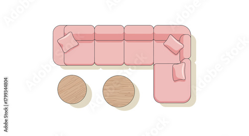 top view of a l-shaped sectional sofa with pillows  two round coffee tables in a modern living room offering a cozy floorplan arrangement option
