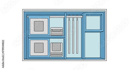 top-down organized closet interior plan illustrating modern wardrobe storage solutions shelving hanging space and folded clothes for home.