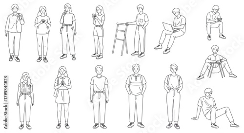 minimalist line art human figures in various poses and daily activities illustrating modern life ui ux and graphic projects.