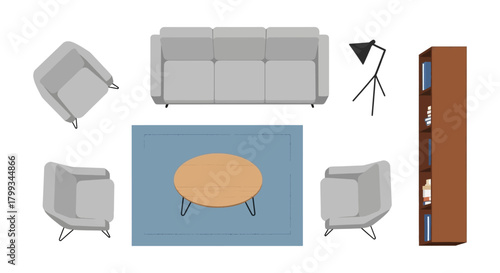 top-down view of modern living room furniture including sofa chairs and rug for architectural plans and interior design.