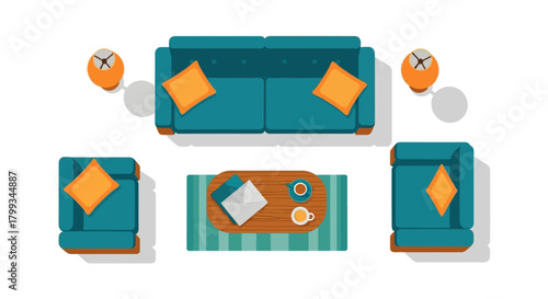 top-down view of modern living room furniture layout with teal sofa armchairs coffee table and side tables ideal for interior design and floor planning.