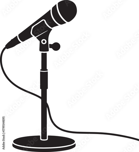 black silhouette of studio mic stand on white background, vector