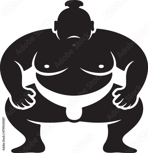 Black silhouette of sumo wrestler, white background, minimal style