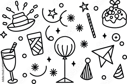 Celebration doodle icons: party hat, balloon, drink, cake, confetti, star