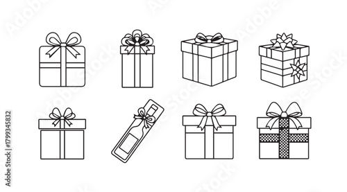 A collection of hand drawn gift boxes with ribbons and bows silhouette