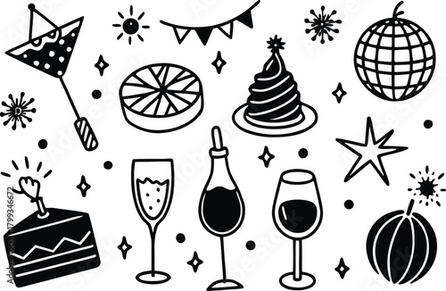 Party and celebration doodle elements: cake, drinks, disco ball, hat