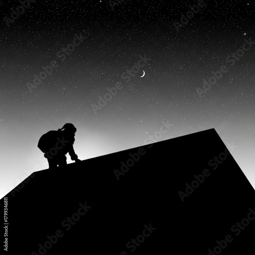 Silhouette of a mysterious person crouching on a rooftop peak.