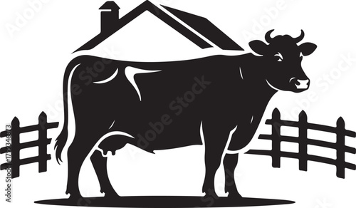 Silhouette of a cow standing in front of a barn with a fence