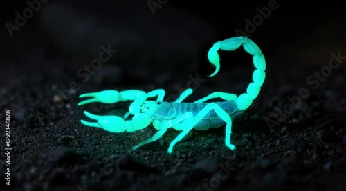Glowing scorpion moving across dark sand
