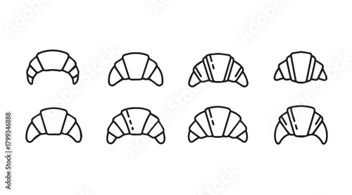 Collection of eight simple croissant icons in a clean silhouette style