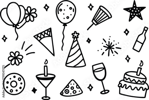 Celebration doodle elements: balloons, cake, party hat, drink, and confetti