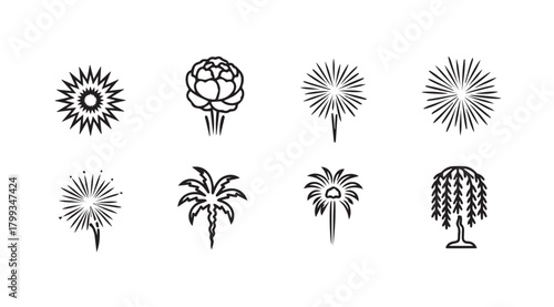 Collection of eight distinct floral and botanical silhouettes in black and white