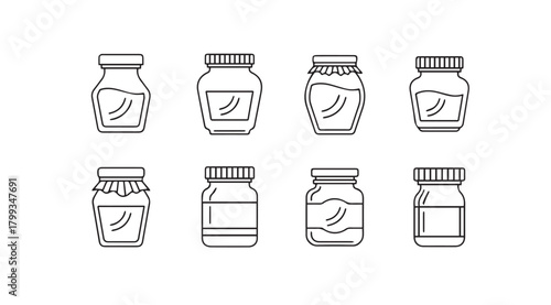 Collection of eight sketched glass bottles with lids in a silhouette style