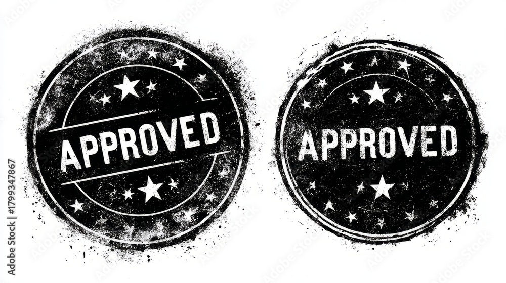 Fototapeta premium Circular stamp with star border, APPROVED in center, grunge texture, ink smudge details