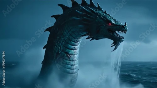 Epic Sea Dragon Emerges from Stormy Ocean Waves, Dramatic Fantasy Scene