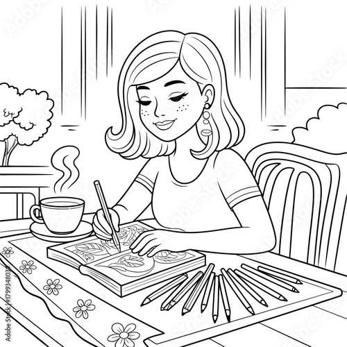 Relaxed woman enjoying art therapy, coloring detailed book designs with pencils. Vector