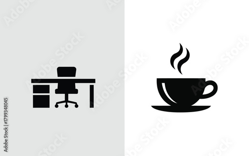 Work office desk and hot coffee cup with steam vector glyph illustration Vector