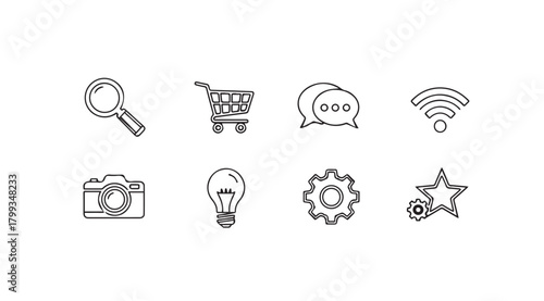 Collection of neon outline icons representing search shopping communication wi fi camera lightbulb gear and star silhouette