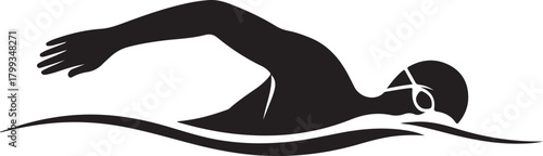 Black silhouette of swimmer doing freestyle stroke, white background, minimal style