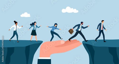 Support or help to solve problem, manager mentorship or coaching to help team success, leadership to guide employee to achieve goal concept. Hand help business people cross the problem gap.