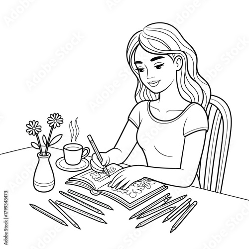 Relaxed woman coloring in an adult book, surrounded by pencils and coffee Vector