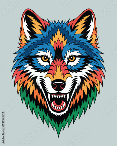 Colorful aggressive wolf head illustration with sharp teeth and vibrant fur design Vector