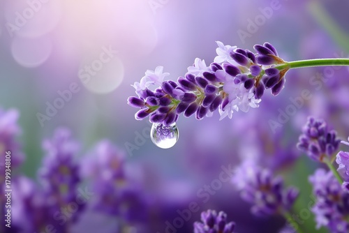 A close-up captures a delicate lavender sprig, adorned with a single, glistening water droplet. It is a harmonious marriage of nature's purity.