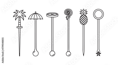 Collection of six decorative cocktail stirrers in a clean silhouette style
