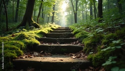 Stone steps ascend through a verdant forest. Moss covers the stairs and the ground. Sunlight streams through trees illuminating a tranquil woodland path.