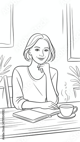 Smiling young woman with bob haircut reading a book and enjoying coffee Vector
