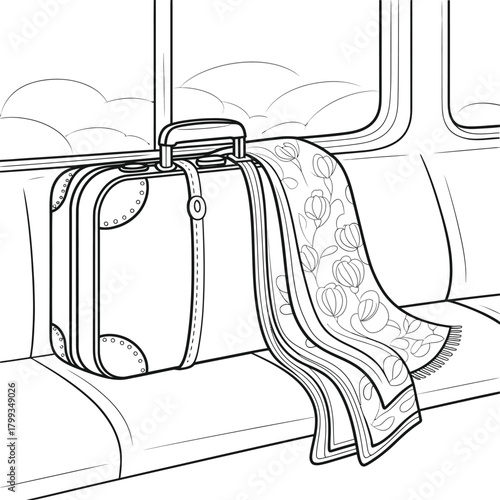 Vintage suitcase and floral blanket on train seat by window, travel journey outline Vector