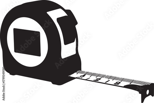 black silhouette of tape measure on white background, vector.