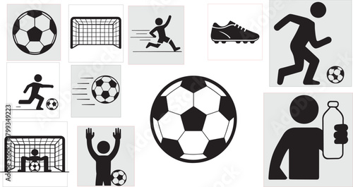 "Soccer Sports Icons Set - Vector Illustrations of Football, Players, Goals, and Equipment"
