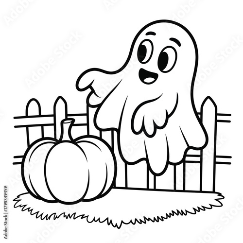 Cute cartoon ghost with pumpkin and fence, line art for halloween fun. Vector