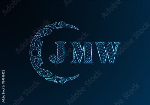 Low poly letter logo JMW design. JMW letter logo low poly vector design on blue color gradient background. JMW logo low poly design
