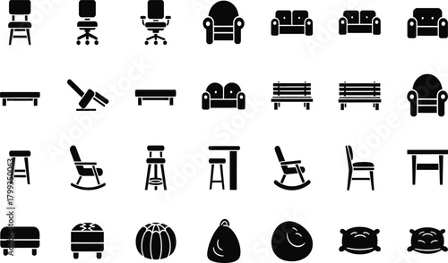 Collection of black silhouette icons representing various types of furniture for home and office