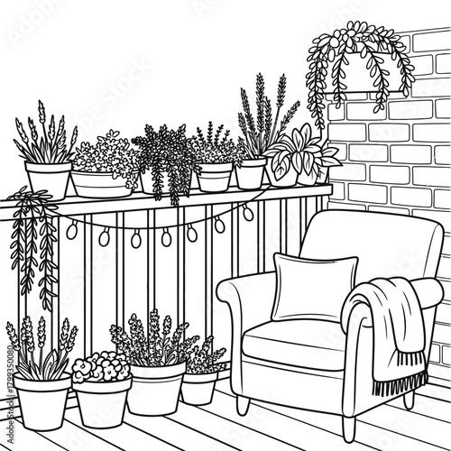 Relaxing balcony scene with potted plants, string lights, and comfy armchair Vector