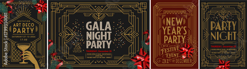 Elegant Art Deco party posters with gold geometric frame, festive confetti. Luxurious vintage design for gala invitation, New Year event, holiday party, and glamorous celebration
