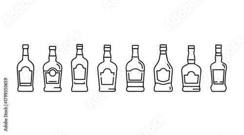 Collection of eight distinct liquor bottle silhouettes in a row silhouette