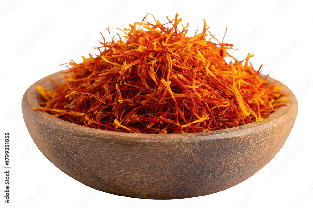 Fototapeta premium Saffron threads in wooden bowl isolated on transparent background