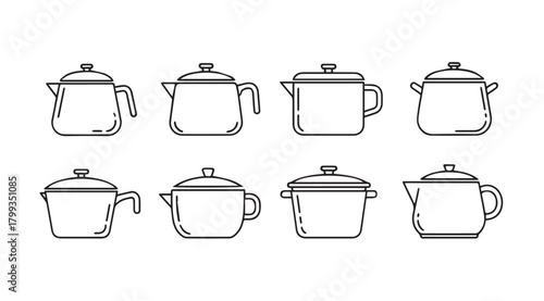 Collection of eight distinct vintage teapot and kettle silhouettes silhouette
