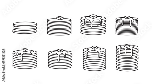 Collection of stacked pancakes with butter and syrup silhouette