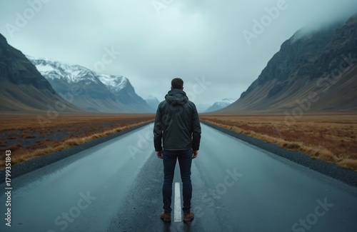 Man standing on empty road between mountains. He faces the future making a life choice. The picture shows a concept of decision making and lifestyle.