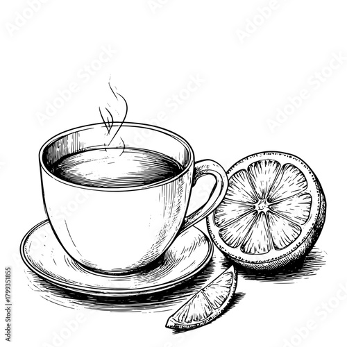 A cup of hot tea on a saucer with a slice of lemon, a black and white sketch. Vector illustration. The circle is isolated on a white background. Tea party and coffee shop14