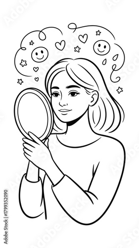 Girl looking in mirror with positive self-reflection and happy emotions Vector