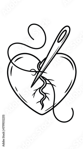 Mending a broken heart with needle and thread, symbolizing emotional recovery. Vector