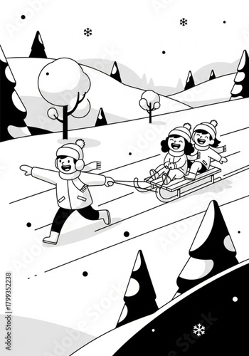 Three happy children enjoying a winter day sledding in the snow.